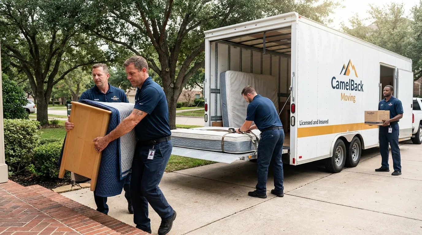 Crew loading residential truck for cross-state move from Hillsboro, IL