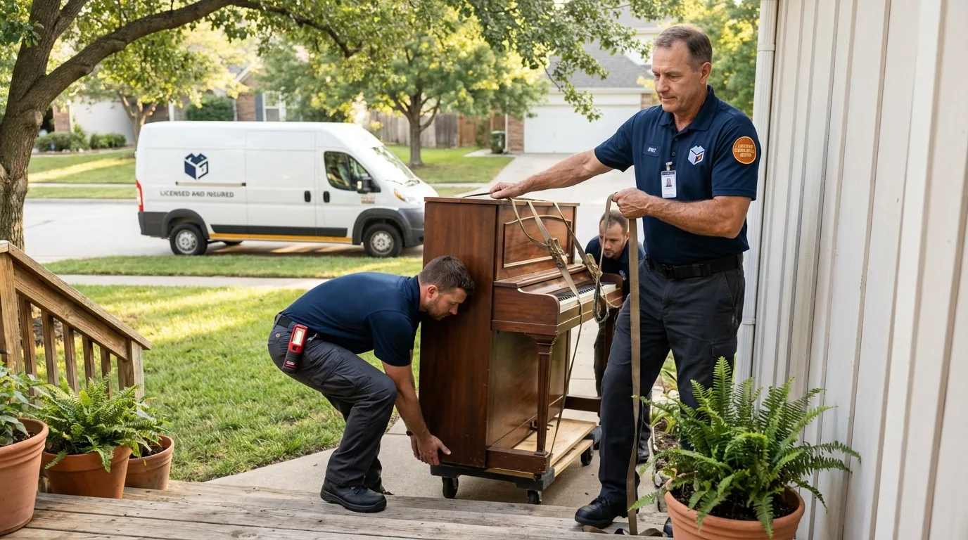 Licensed piano movers securing grand piano in Hillsboro, IL