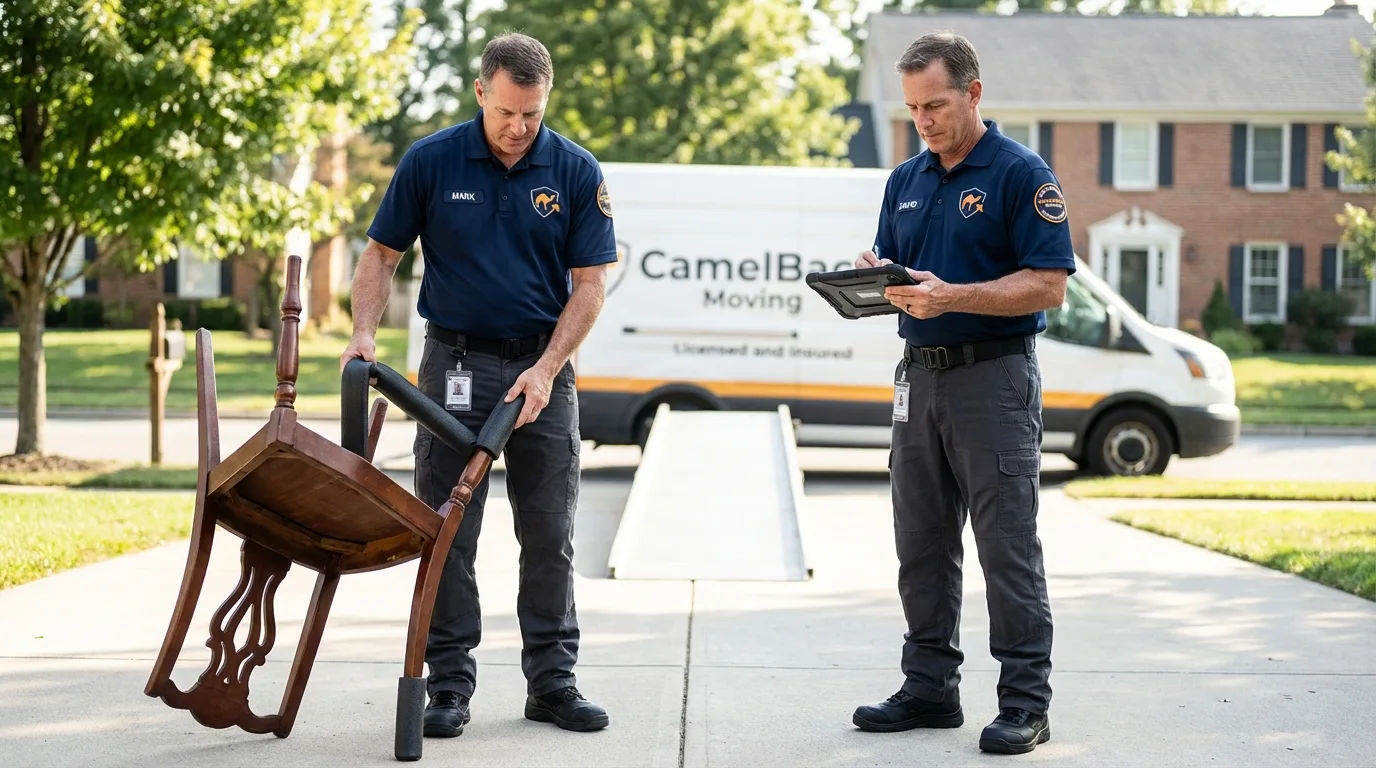 Movers inspecting furniture for damage prevention before loading in Hillsboro, IL
